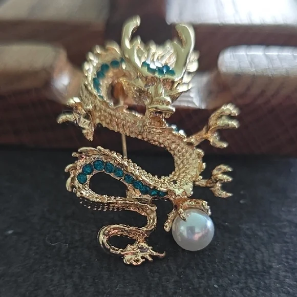 Gold Dragon Brooch with Teal Crystals and Pearl Accent - Picture 3 of 4